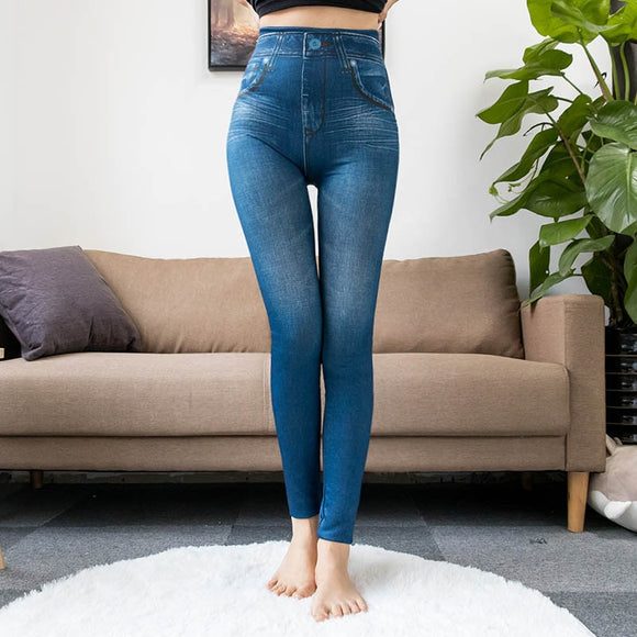 Slim Leggings Faux Denim Jeans Sexy Long Pocket Printing