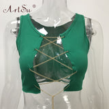 Metal Lace UpChain Sleeveless Crop Top Sexy Adjustable Clubwear