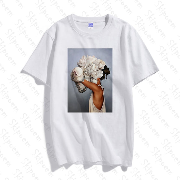 New Cotton Aesthetics Tshirt Sexy Flowers Feather Print Short Sleeve Tops & Tees